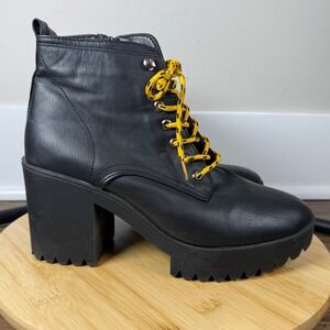 Seven7 Flat Iron Black High‎ Heel Chunky Platform Lace Up Hiker Boots Women's 11